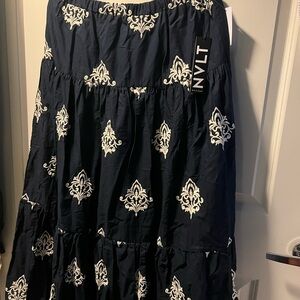 NVLT Navy Blue Maxi Skirt with White Embroidery